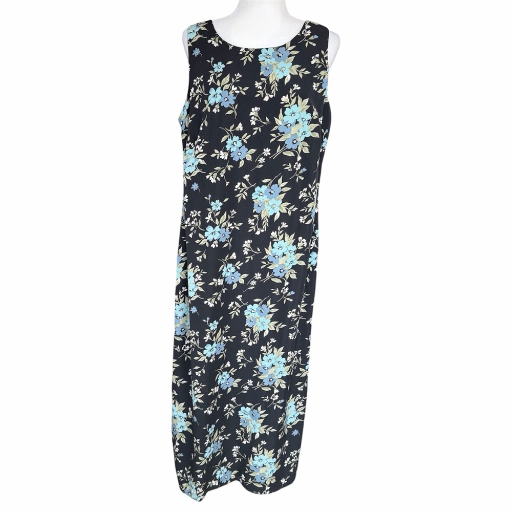 Dressbarn Black Sleeveless Maxi Blue Floral Print Long Dress Size 14W